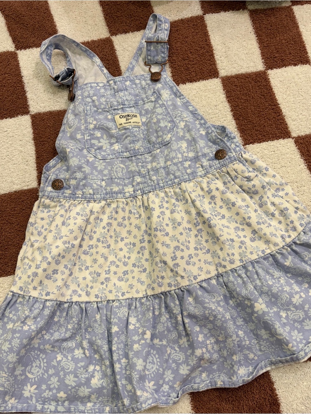 OshKosh B'gosh Light Blue and Cream Floral Tiered Overall Dress